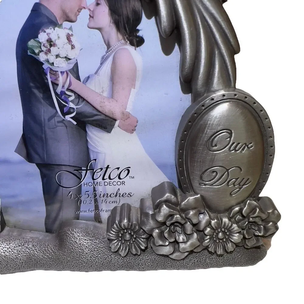 Fetco Home Decor Bride‎ & Groom 4x5.5 Inches Nickel Finish Picture Frame